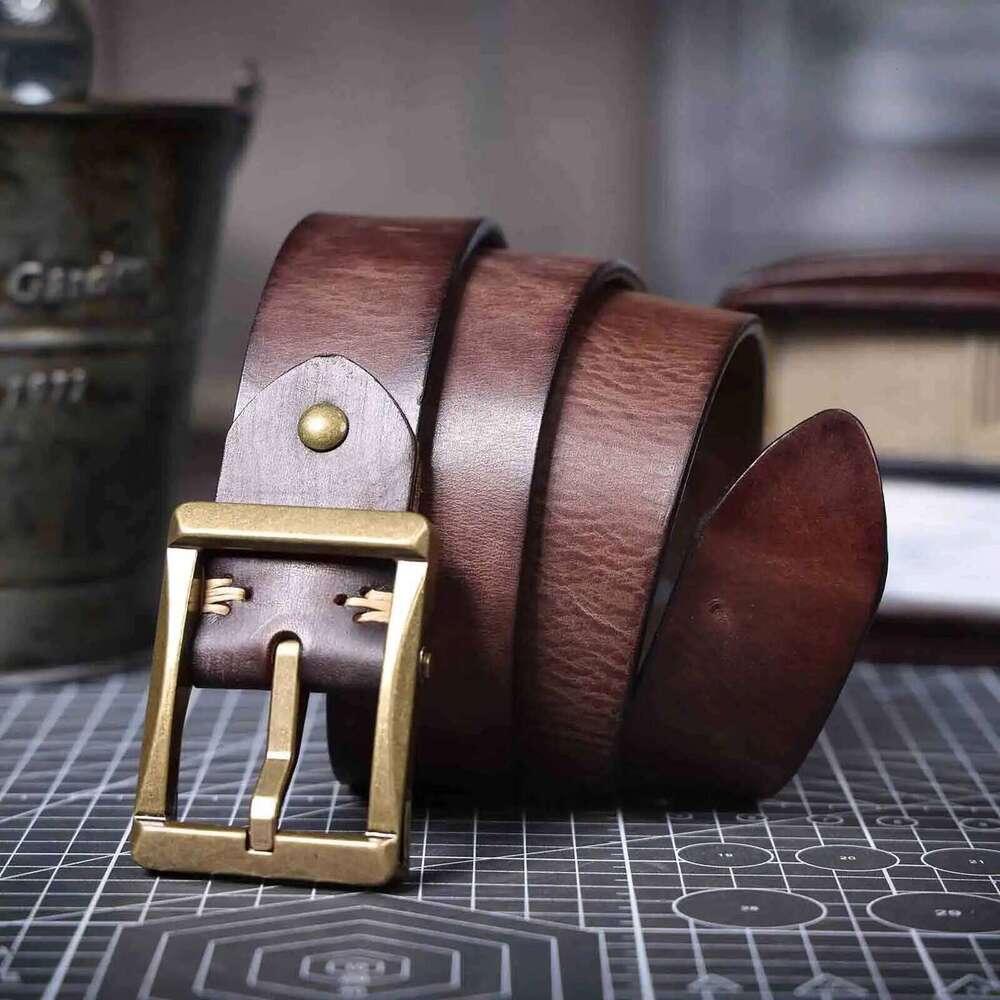 Vintage Genuine Leather Men's Solid Brass Buckle, Casual Pin Buckle Belt With Gift Box, Thickened Italian Cowhide S260228