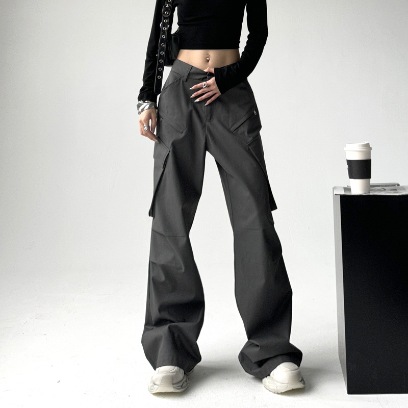 Trendy Gry Crgo Pnts For Women Spring/autumn New Americn Designer Pnts Retro Csul Wide-leg Slightly Flred Slimming Pnts