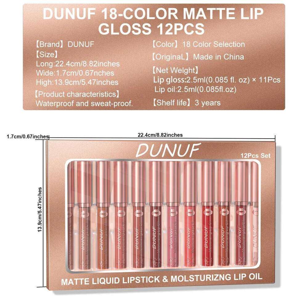 DUNUF 12 Pcs Matte Lipstick Lip Gloss Waterproof Long-lasting Easy Coloring Beginner Friendly Non-stick Cup Shape Non-fading Moi H260302