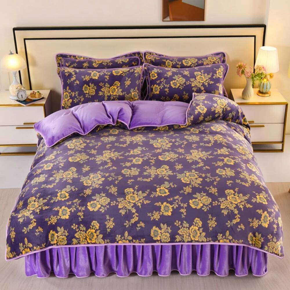 Light Luxury Milk Bedding Sets Double-Sided Thicken Class A Four-Piece Set Winter Warm Coral Velvet Quilt Cover Bed Skirt W260302 W260302