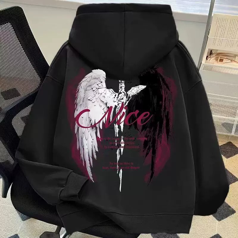 American Vintage Street Wing Sword Print Hoodie, Unisex Autumn Winter Trendy Ins Style Loose Fleece Hooded Sweatshirt
