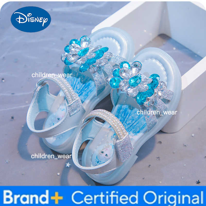 Disney Kids Sandals Elsa Princess Frozen PU Leather Crystal Summer Flat Shoes For Girls Breathable Anti-slip Blue Pink Size 23-33 H260303