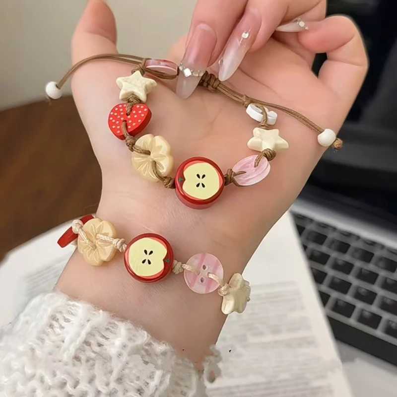 Handmade Ceramic Apple Bracelet Adjustable Woven Cord Cartoon Beads Bangles For Women Gifts Jewelry Accessories Pulsera Mujer H260303