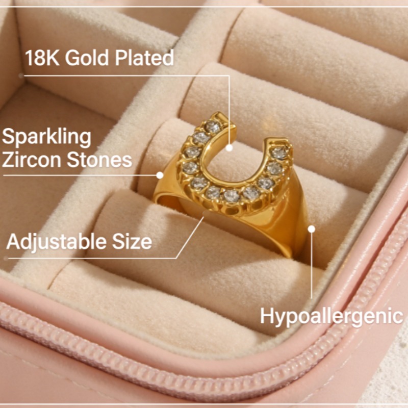 Women's Elegant U-Shaped Zircon Inlaid Ring Minimalist High-End Texture Open Adjustable Finger Ring Luxury Daily Party Banquet Premium Jewelry Gi