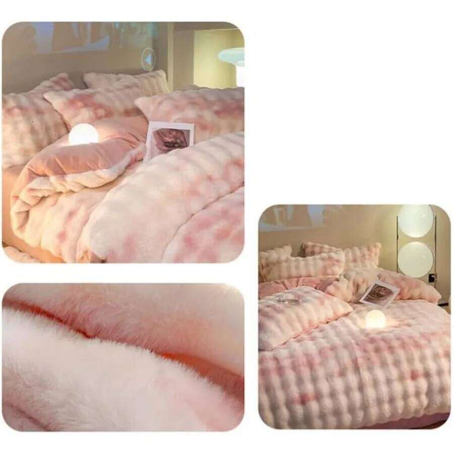 Queen Size Pink Fluffy Plush Shaggy Winter Reversible Duvet Cover Set with Bed Sheet and Pillow Cases Super Soft Thick Comforte W260302