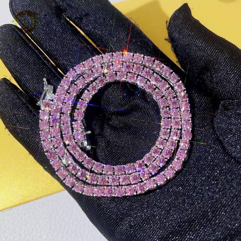 Custom Made Pass Diamond Tester Sterling Silver White Gold 3MM 4MM Pink Moissanite Tennis Chain