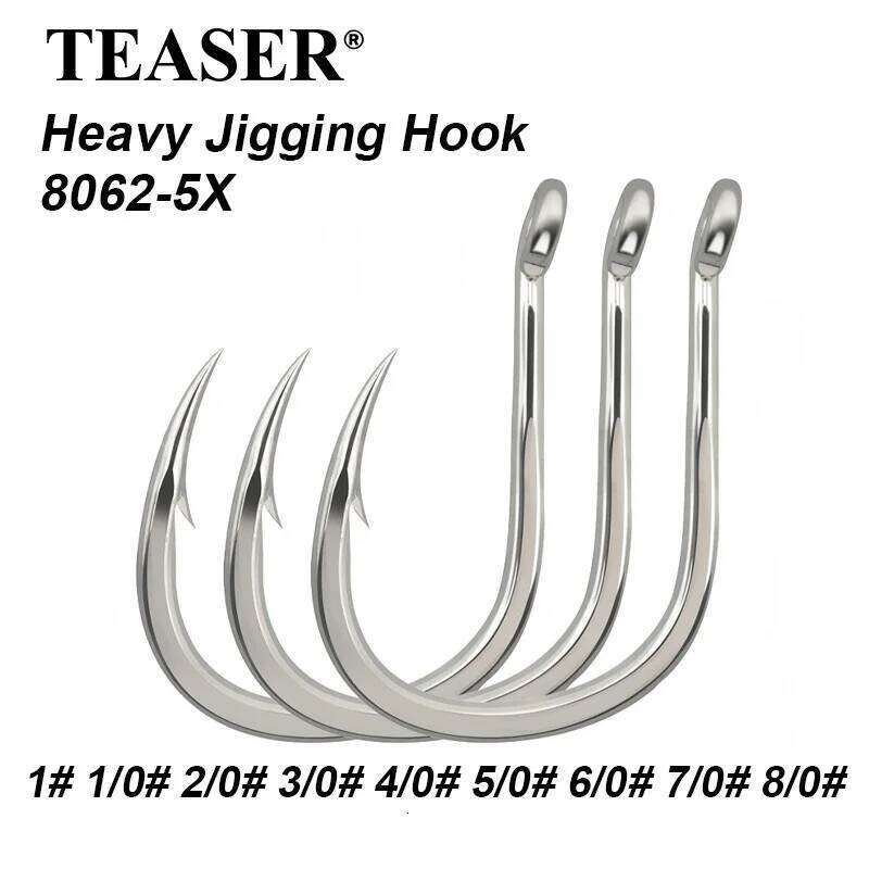 TEASER 10pcs/bag 8062 5X 1# 1/0-9/0 High Carbon Steel Heavy Jigging Strong Hook Saltwater Big Game Power Fishing Single Hooks Z260228