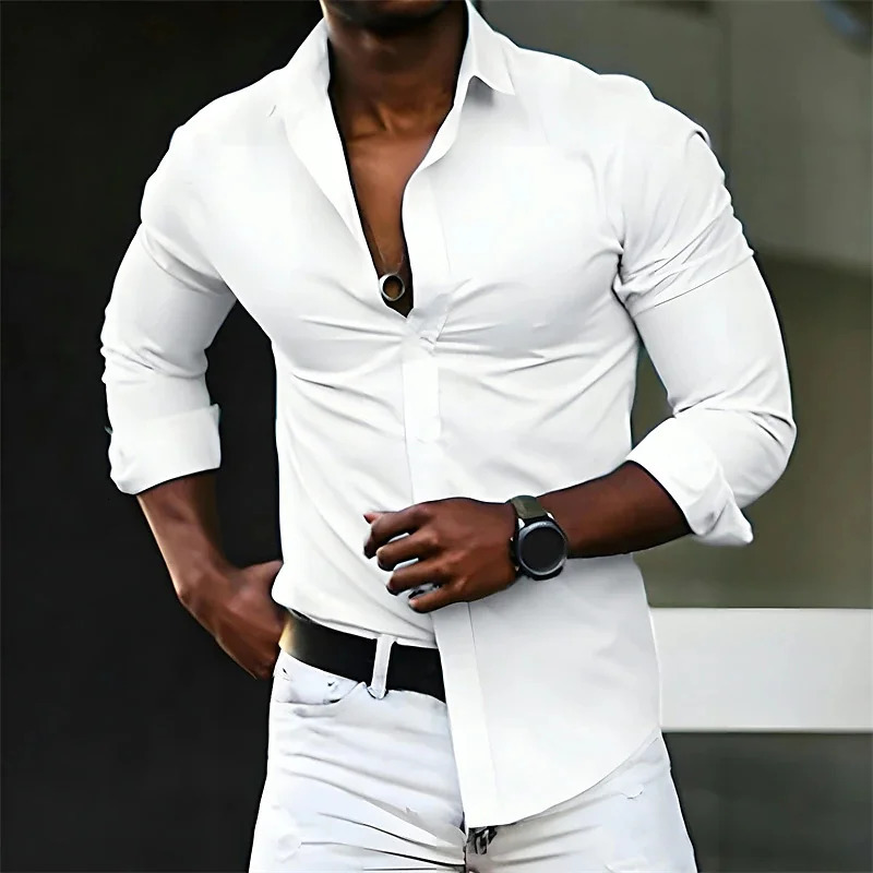 mens shirt solid color long sleeve casual fashion black and white multi-color optional all seasons business mens shirt 260227