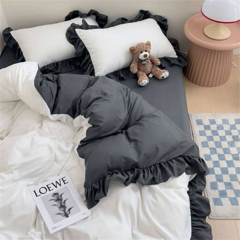 Princess Style Bedding Soft Solid Color Ruffle Duvet Cover Comforter Pillowcase Bed Sheet Washed Cotton Four Pieces Set W260302