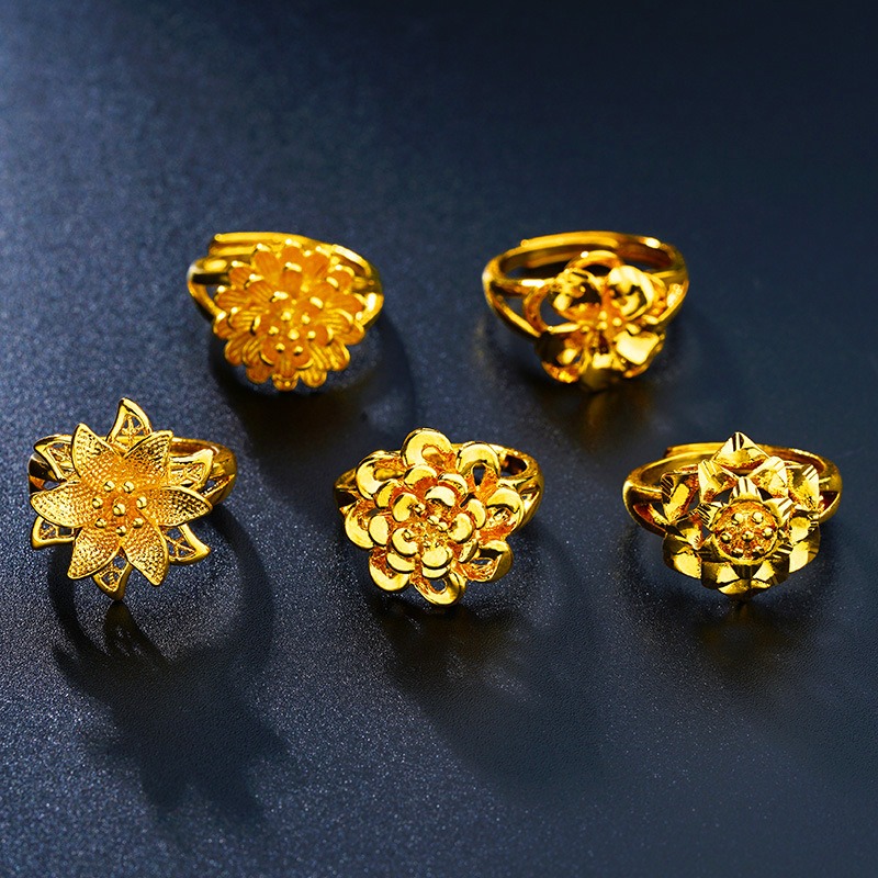 Women's Vintage Gold Flower ENGAGEMENT RING Long Color Retention 18K Gold Plated Gold Adjustable Open Ring Jewelry Gift