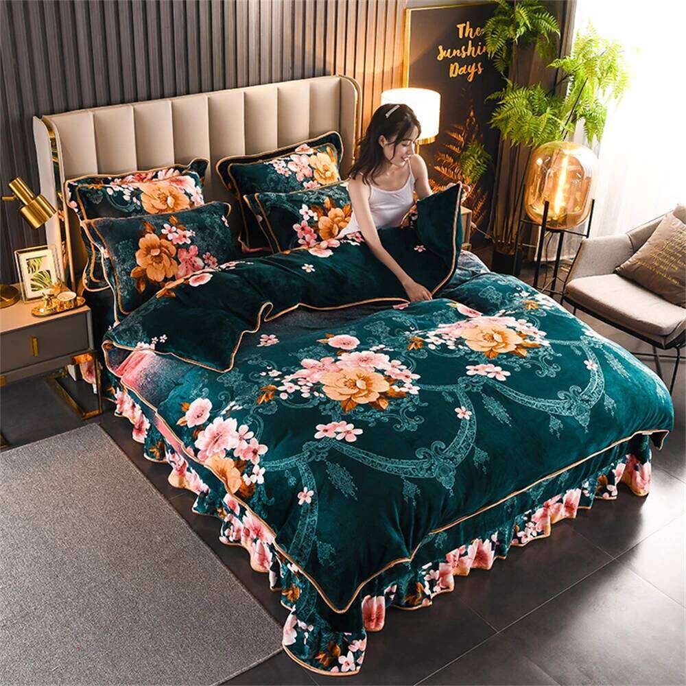 Winter Warm Coral Bedding Sets Home Double-Sided Thickened Flannel Four-Piece Set Quilt Cover Sheet Milk Velvet Bed Skirt W260302