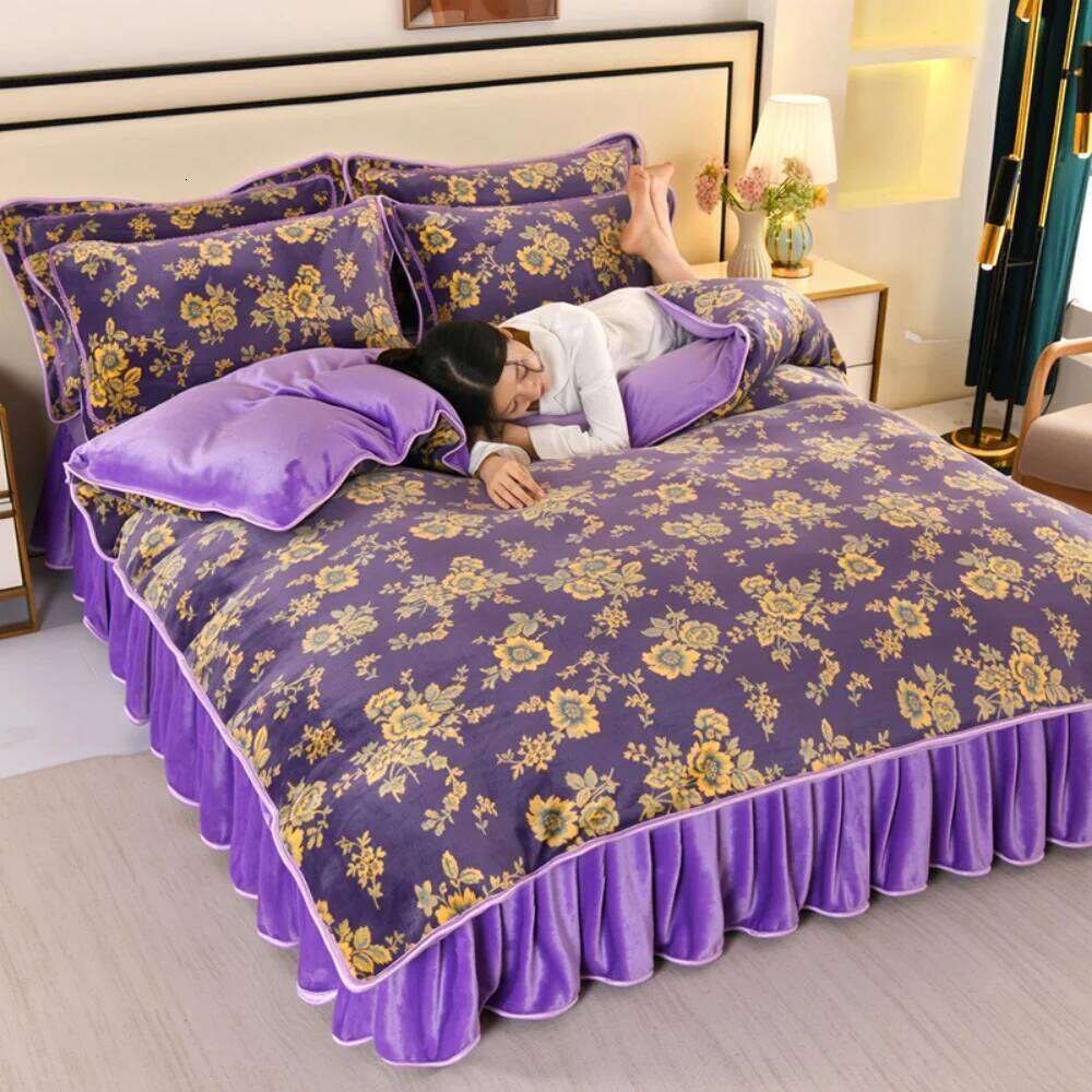 Light Luxury Milk Bedding Sets Double-Sided Thicken Class A Four-Piece Set Winter Warm Coral Velvet Quilt Cover Bed Skirt W260302 W260302