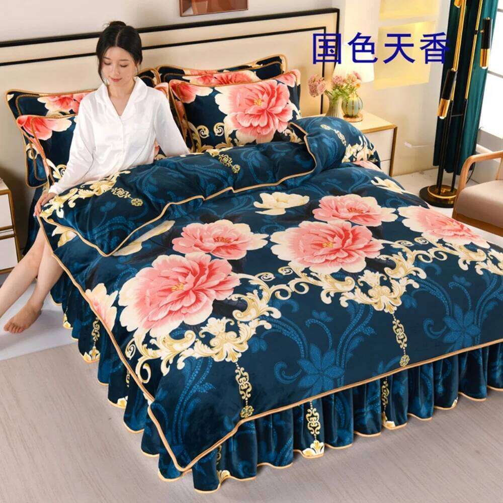Thickened Winter Warm Coral Bedding Sets Home Double-Sided Class A Four-Piece Set Quilt Cover Sheet Milk Velvet Bed Skirt W260302