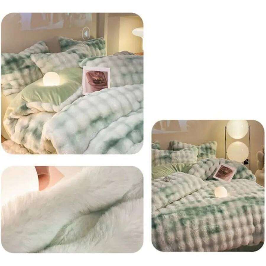 Queen Size Fluffy Plush Shaggy Bedding 4 Pieces Super Soft Reversible Duvet Cover Set with Bed Sheet and Pillow Cases Green W260302