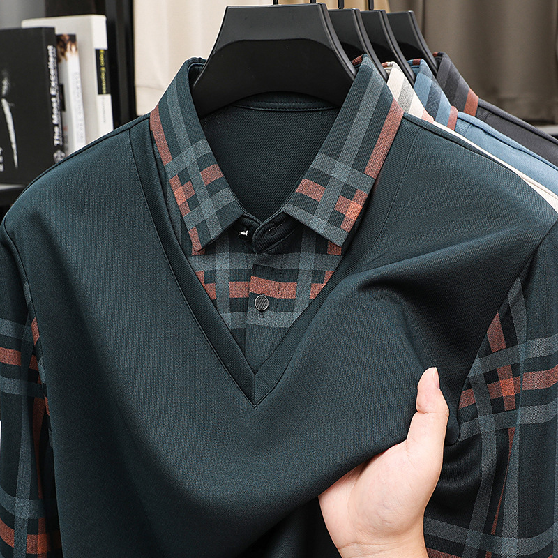 Luxury Brand Designer Clothes Spring And Autumn Mens Turn-Down Collar Faux Two-Piece POLO Shirt Business Mens Top With Plaid Sleeves T-Shirt For Men I