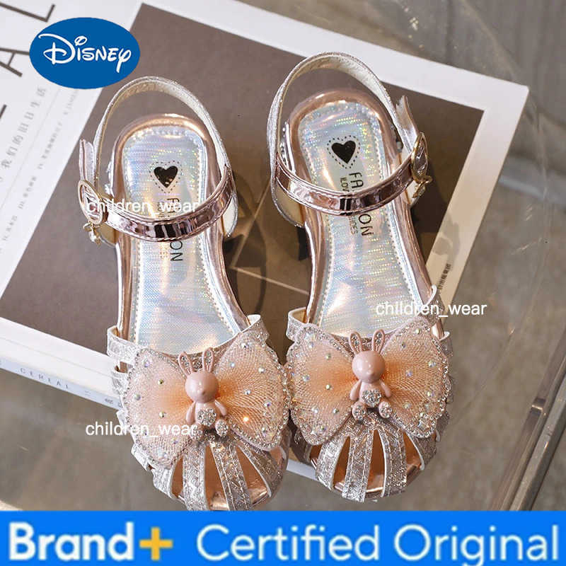 Disney Girls Sandals Summer Toes-covered Sweet Children High Heels for Wedding Party Fashion Elegant Bowtie Kids Causal Dress Sandals H260303
