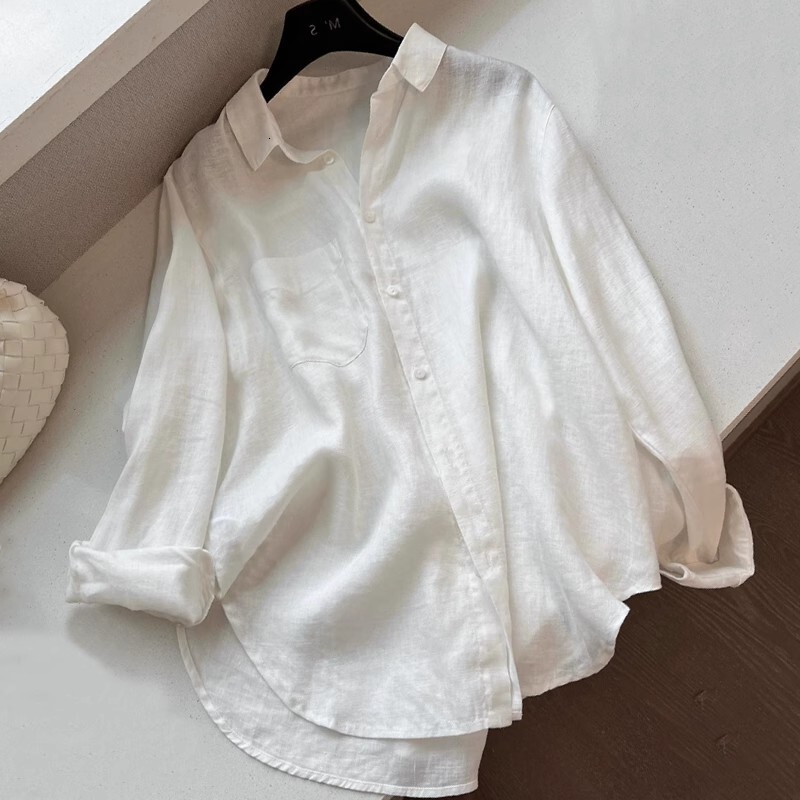 White Linen Old Money Style Designer Hoodie Women's Shirt Designer Shirt New Spring/summer Collection Polo Shirt Loose Fit Slimming Cotton-linen Long-sleeve Top