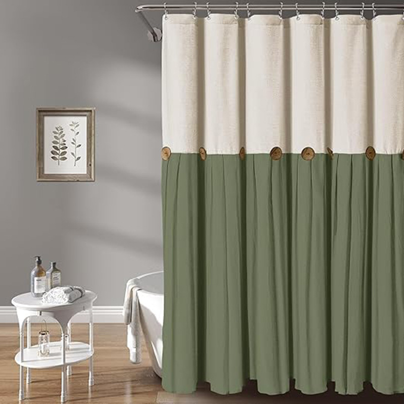 YL-38293 Button-trimmed bathroom shower curtain, cotton and linen waterproof button-down bathroom curtain.