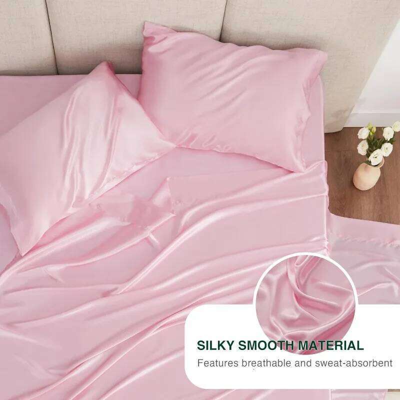 4 Piece Pink Silky Satin Bed Sheets Queen Set with Deep Pocket W260302