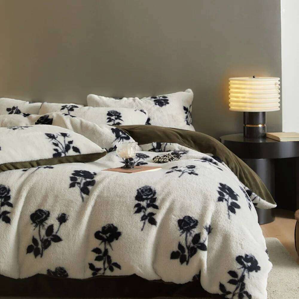 Retro Plant PrintED Rabbit Plush Quilt Cover Pillowcase Bed Sheet Four-Piece Thickened Winter Warm Coral Fleece Bedding Set W260302 W260302