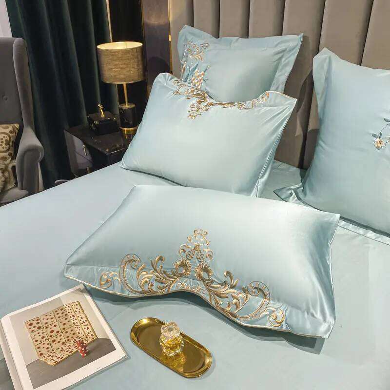 Green Satin Cotton Bedding Set Luxury Golden Embroidered Duvet Cover Flat/Fitted Bed Sheet Pillowcases Home Textile W260302