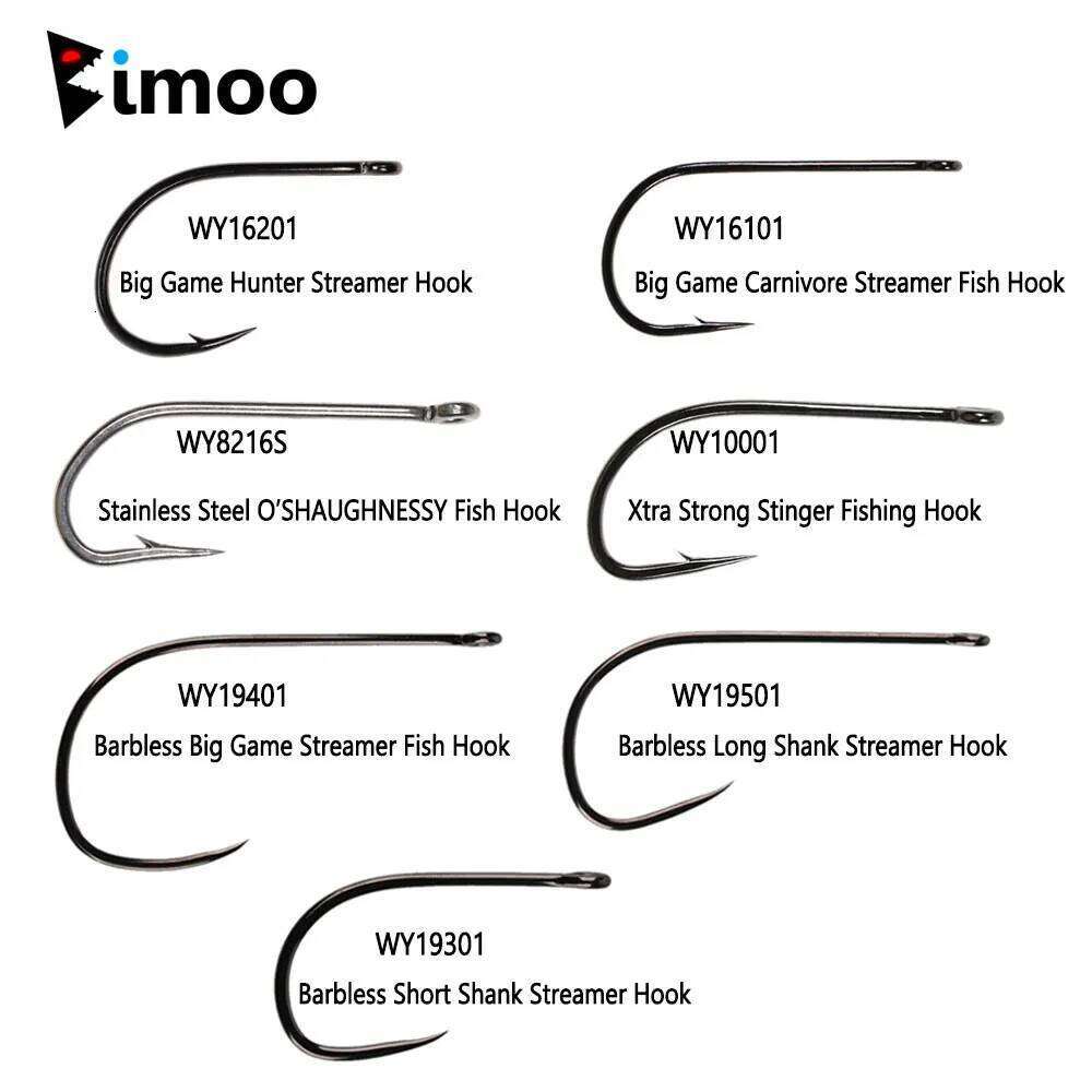 Bimoo 20pcs High Carbon Steel Barb and Barbless Fly Tying Hook For Big Game Streamer Minnow Saltwater Fishing Lure Bait 1/0 5/0 Z260228