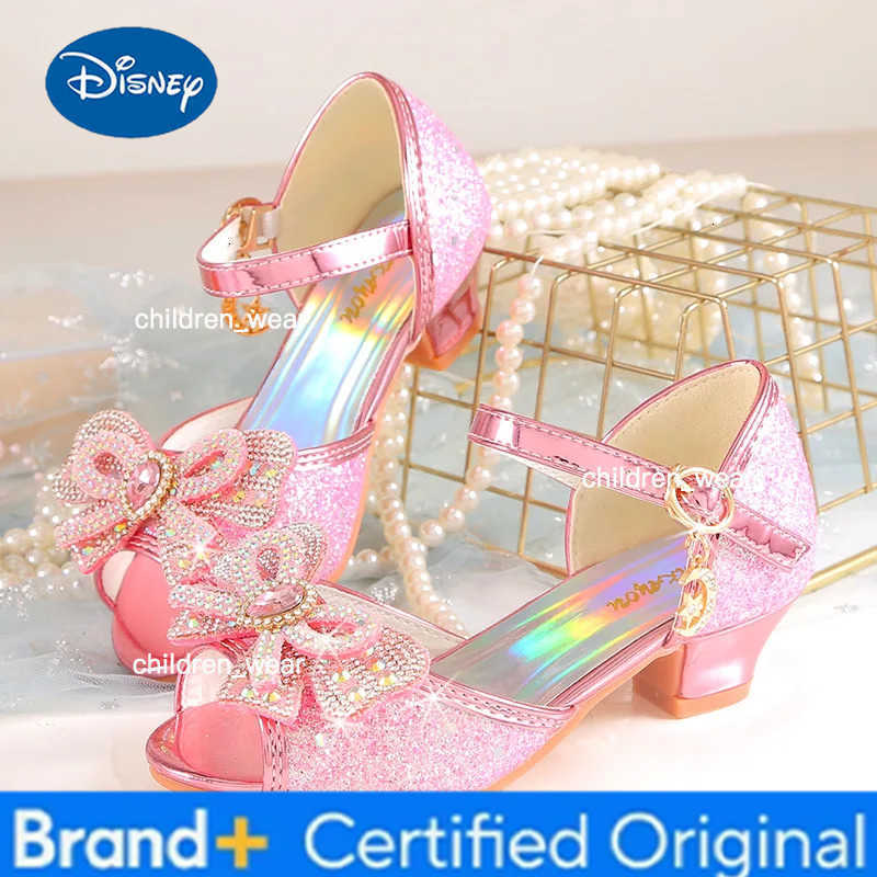 Disney Summer Girls Sandals With Heel Fashion Rhinestone Shiny Glitter Shoes Children Princess Bowtie Pearl Dancing Shoes H876 H260303