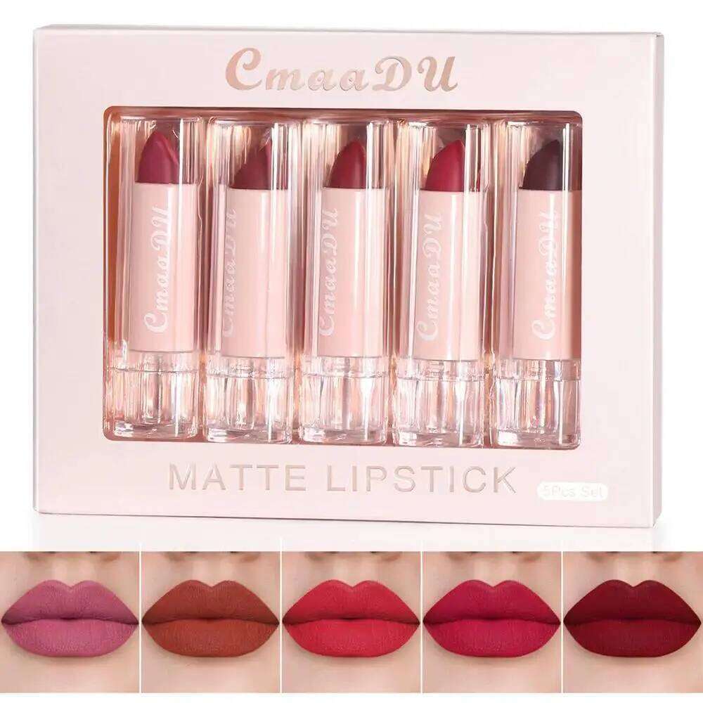 Velvet Matte Lipstick Set 5pcs Long Lasting Waterproof Red Nude Lipsticks Non Stick Cup Makeup Cosmetics Collection H260302