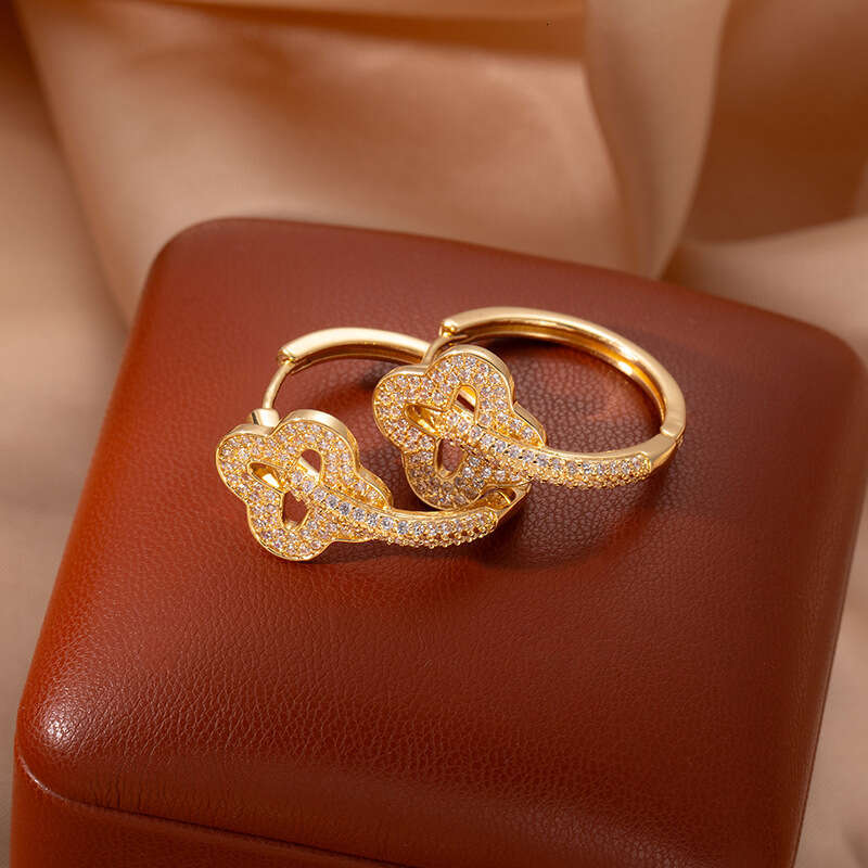 Micro-inlaid Zircon Four-leaf Clover Flower Vintage Light Luxury Women's Crystal Earrings