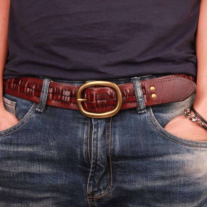 Vintage Luxury Handmade Leather Weave Copper Buckle Men's Cowhide Retro All-match Casual Jeans Soft Belt S260228 0d2 9db