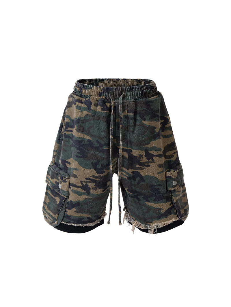 MIJKO Unisex Casual Camouflage Work Shorts Spring Summer Heavyweight Drawstring Splicing Design ZJ012