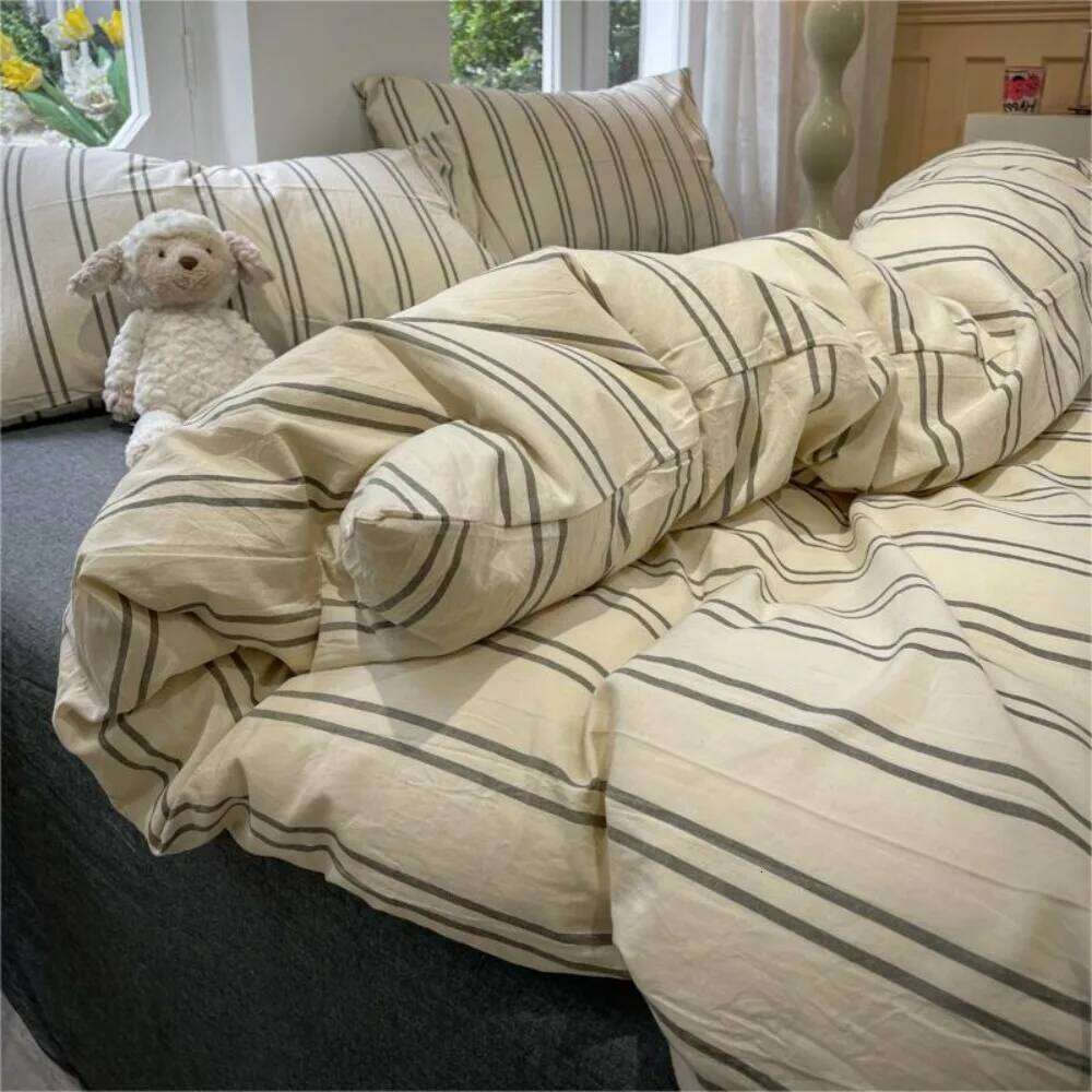 Reversible Striped Duvet 3pcs Home Bedding Set,Geometric Lines Comforter Polyester Quilt Cover with 2 Pillowcases W260302