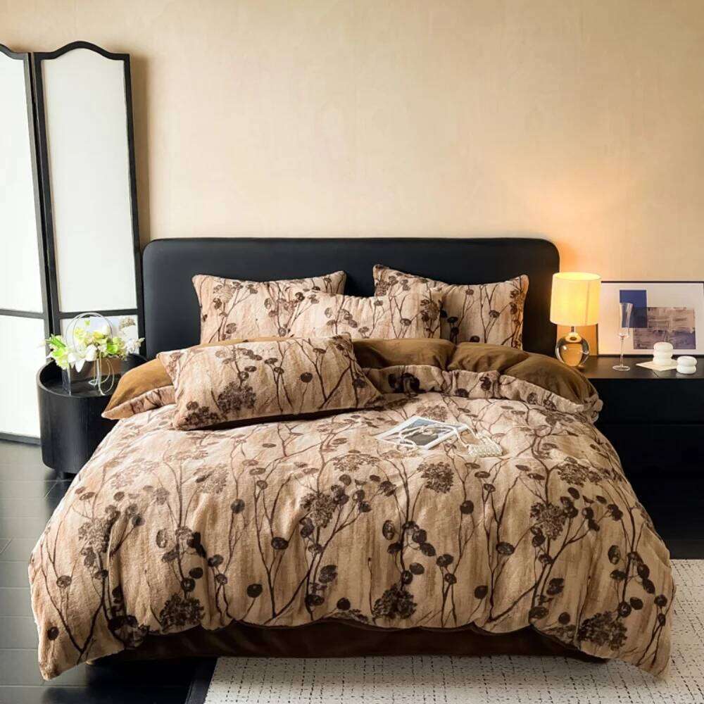Leopard Print Rabbit Plush Quilt Cover Pillowcase Bed Sheet Class A Four-Piece Thicken Winter Warm Coral Fleece Bedding Set W260302