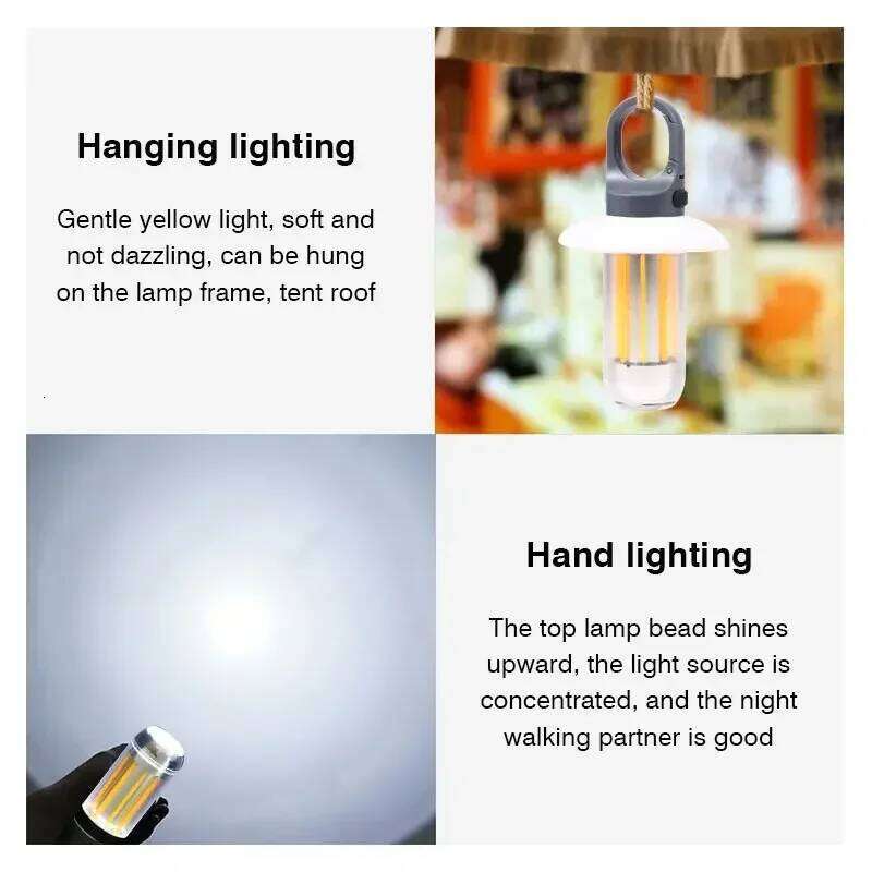 Heinast Camping Lightweight Handheld Torch 5 Lighting Modes Rechargeable Tent Lamp for Patio Climbing 8 Light Filaments S260302