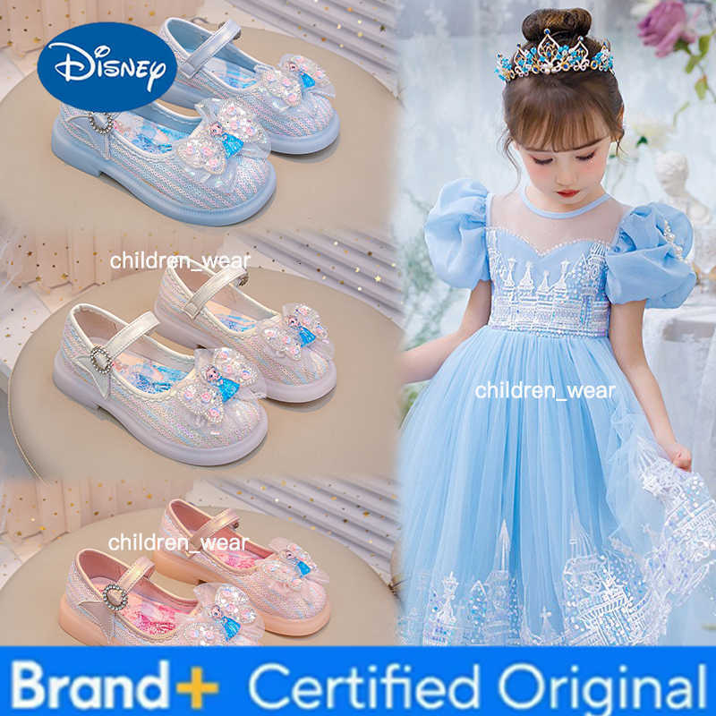 Disney 2025 Cartoon Elsa Soft Bottom Shoes Girl Princess Shoes Frozen Crystal Sandals Children Flat Flower Girl Leather Shoes H260303