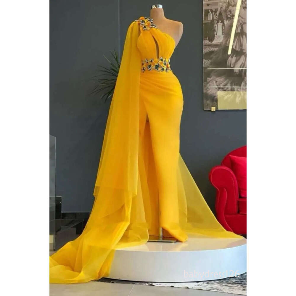 Aso Ebi Arabic Yellow Mermaid Prom Dress lace Beaded Evening Formal Party Second Reception Birthday Engagement Gowns Dresses Robe De Soiree F16