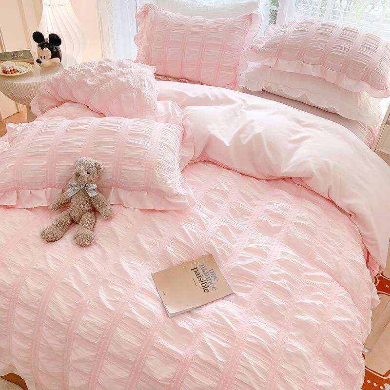 Seersucker Princess Set Solid Color Quilt Cover Kawaii Ruffle Lace Bed Skirt For Girls Woman Bedspread Decor Home W260302