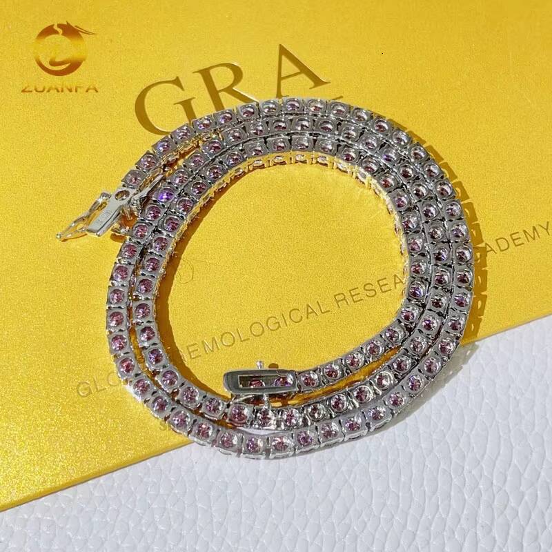 Custom Made Pass Diamond Tester Sterling Silver White Gold 3MM 4MM Pink Moissanite Tennis Chain