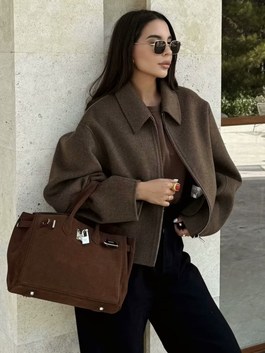 Women's Jackets Spring/Autumn Fashionable Three-Color Solid-Color Oversized Zippered Wool-Blend Outerwear