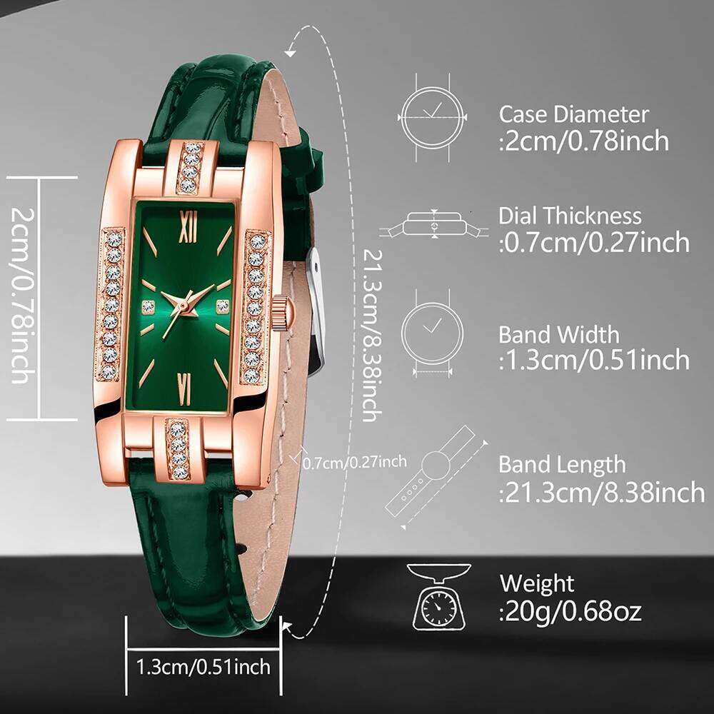 9 Pieces Green for Women Fashionable Rectangular Dial Watch Quartz Bracelet Necklace Earrings Set Holiday Gift XJ260303