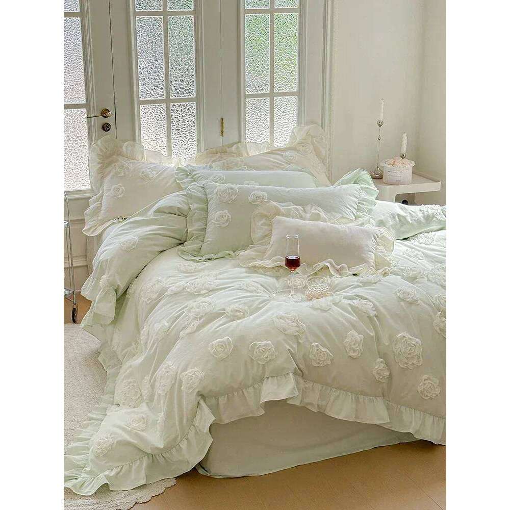 Four-Piece Cotton French Romantic Thickened Warm Household Bedding Autumn and Winter Bed Sheet Cartoon Anime Flounce Decoration W260302