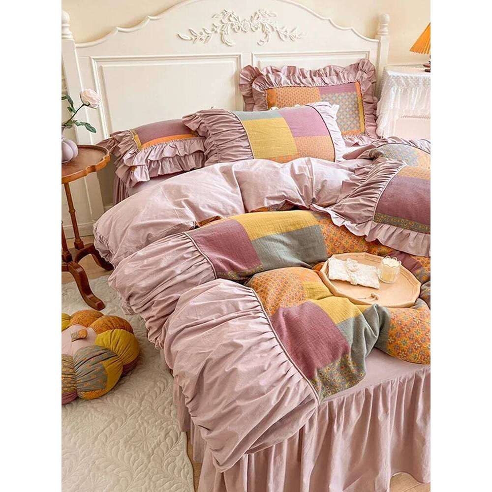 Four-Piece Set Bed Skirt Stitching Printing and Dyeing Household Bedding French Retro Plaid Cotton Thickened Warm Autumn Winter W260302