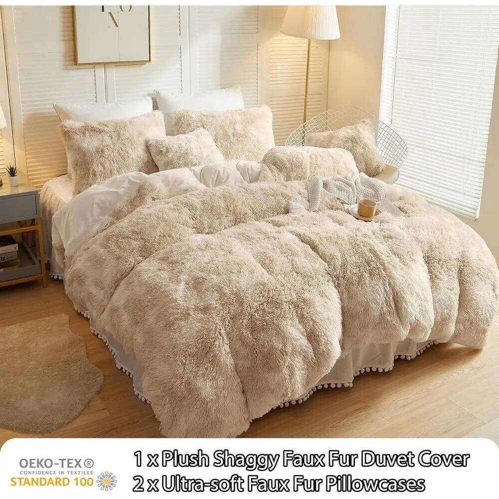 King Size Tie-Dye Plush Faux Fur Duvet Cover Set with 2 Pillowcases, Light Beige W260302