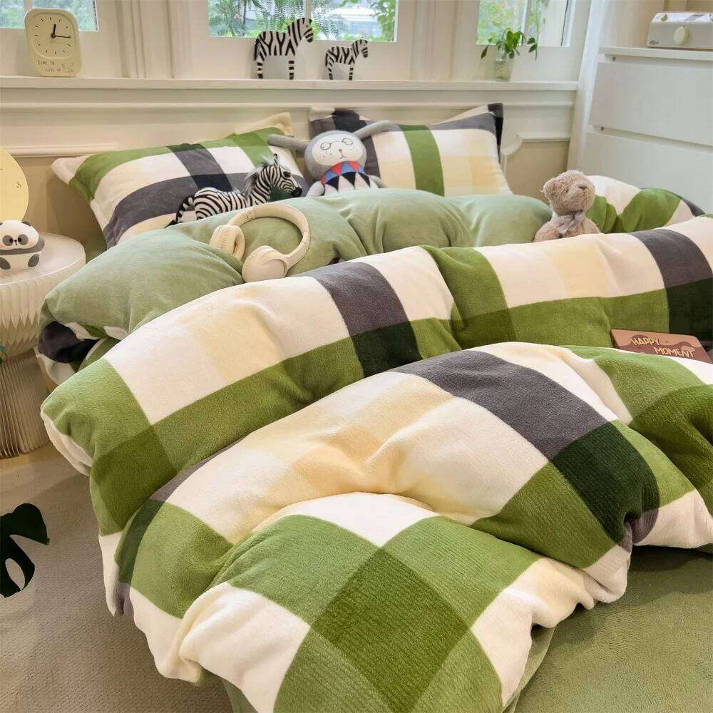 Simple Style Grid Milk Velvet Bedding Thicken Winter Warm Soft Four-Piece Set Bedroom Decor Quilt Cover Bed Sheet Pillowcase W260302 W260302