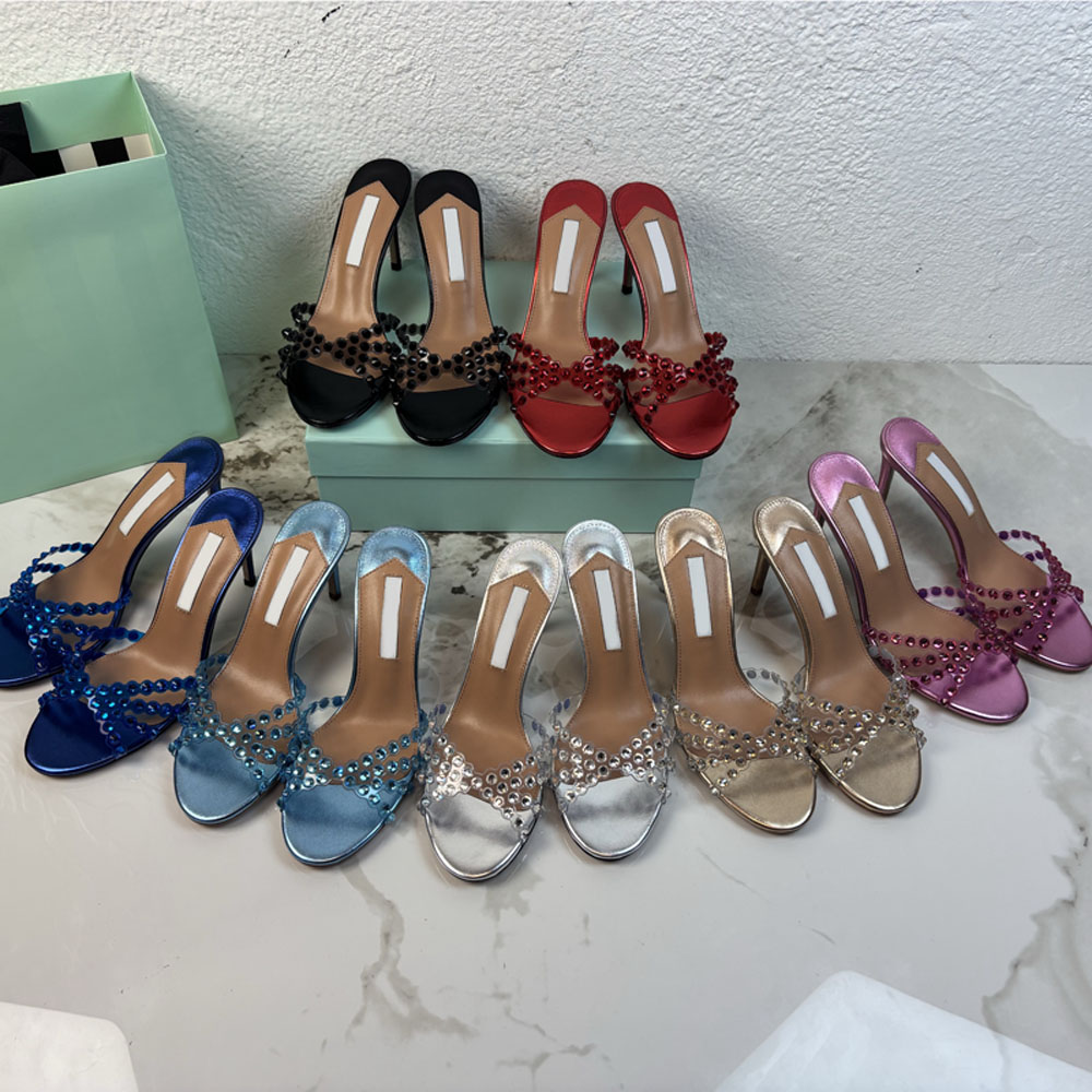 Shine glitter Rhinestone Embelished Mules Luxury designer women slip on stiletto heel sandals Open toe high heel slippers Fashion simple round toe mule shoes 35-43