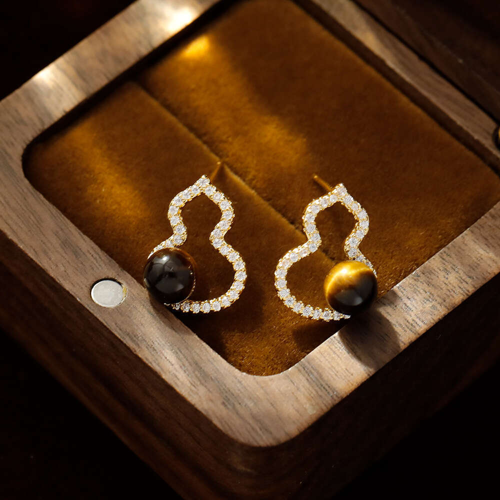 Tiger Eye Stone Hollow Micro-inlaid Gourd Niche Design Earrings Light Luxury Ear Accessories