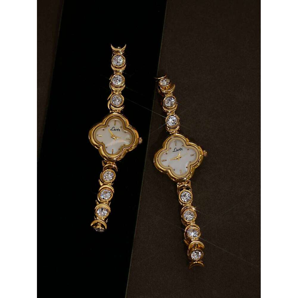 1 Piece of New High-End French Luxury Fashion Inlaid Four-Leaf Clover Shape Surface 30m Waterproof Quartz Rhinestone Mother-Of-Pearl Dial Gorgeous Rom