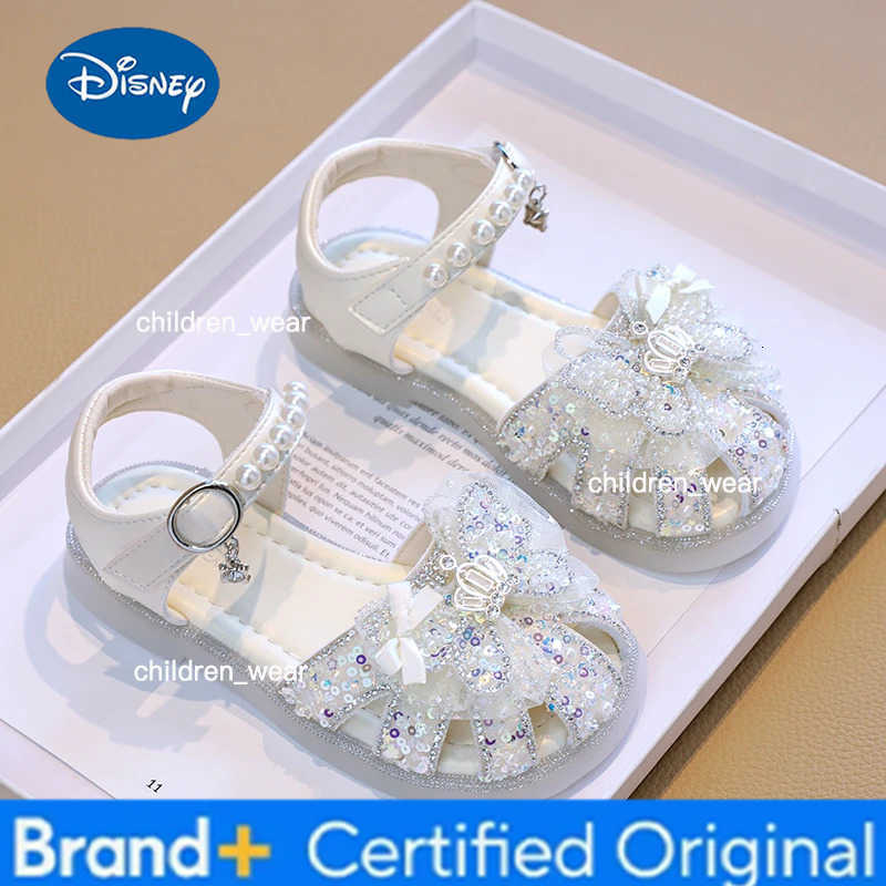 Disney New Girls Summer Bowknot Sandals Sweet Crown Kids Causal Princess Dress Shoes Elegant Wedding Party Children Pearl Flat Sandals H260303
