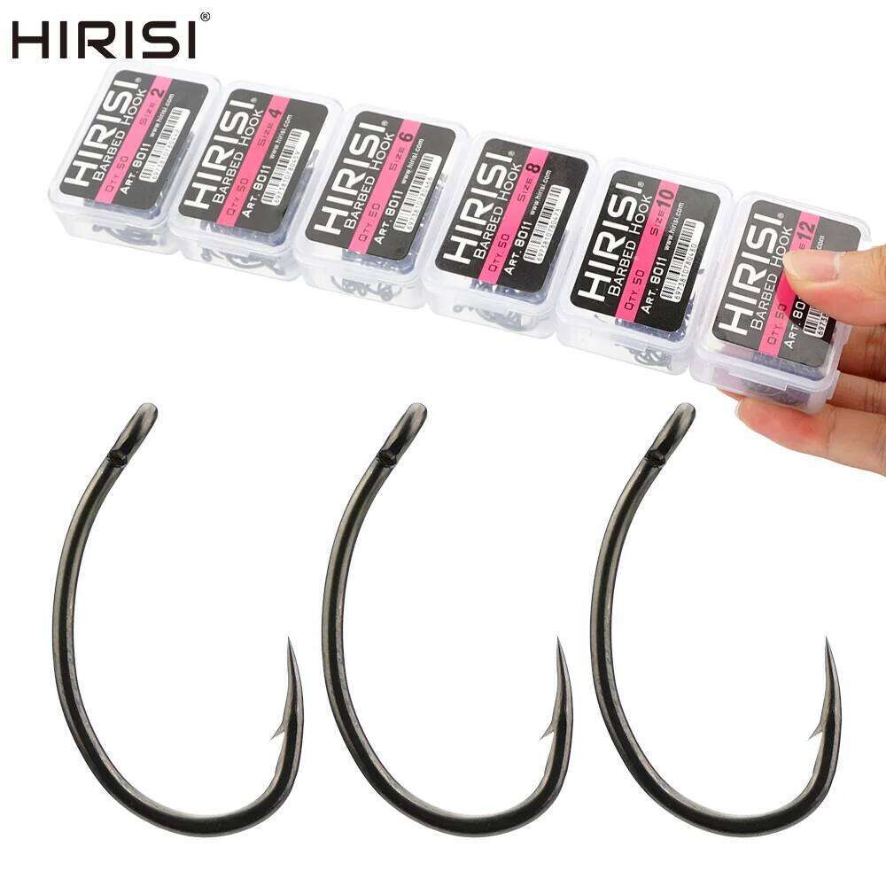 Hirisi Carp 50pcs PTFE Coating High Carbon Steel Barbed Hooks In Box 8011 Fishing Accessories Z260228