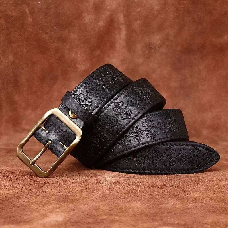 3.8CM Thickened Italian Pure Cowhide High Quality Genuine Leather Belts for Men Carving Strap Male Brass Buckle Jeans Cowboy S260228 ee1 0bd